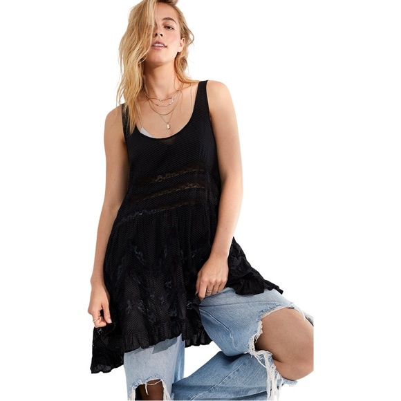 Free People Voile and Lace Trapeze Slip sz XS in Black Combo - Picture 5 of 12